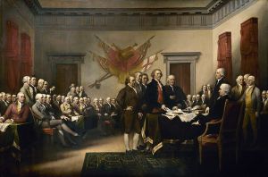An idealized perception of the signing of the Declaration of Independence.